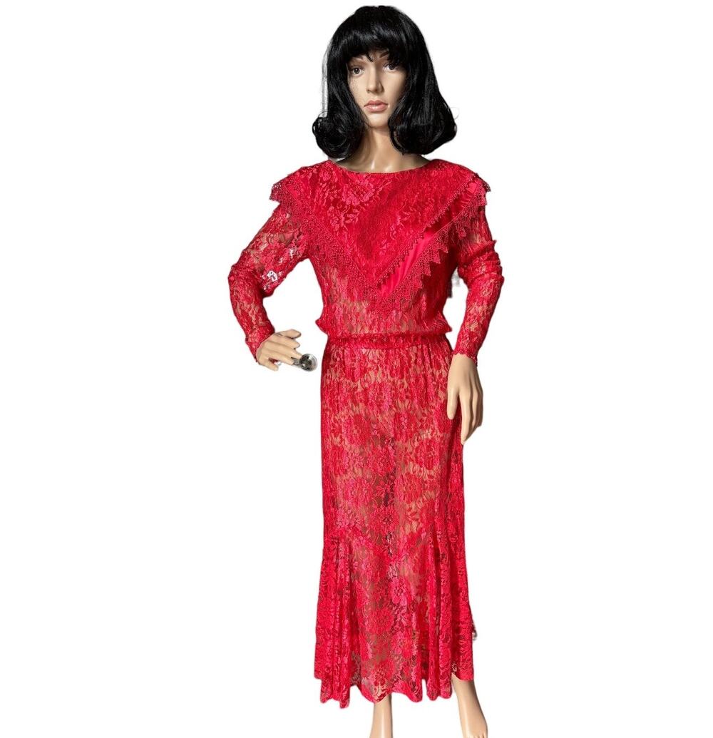 Vintage 1980s Red Lace Art Deco Revival Evening Gown Sheer Maxi Dress
 size XS-S